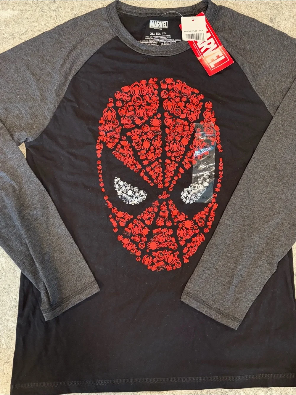 Marvel Spiderman Long Sleeve Raglan Tee in Black & Gray Kids XL 18/20 NWT